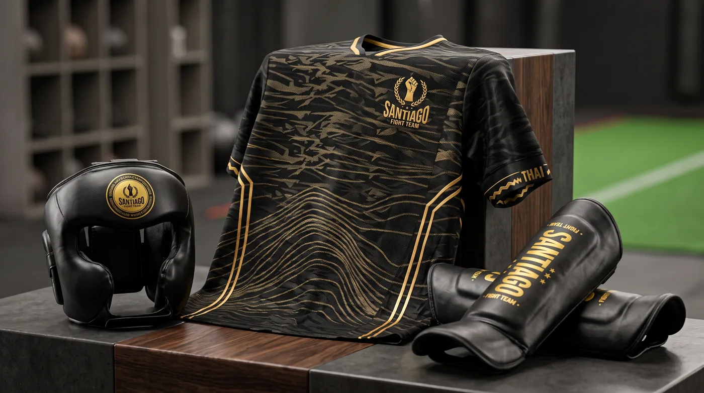 Equipamentos oficiais Santiago Fight Team: camisa, capacete, luvas e caneleira