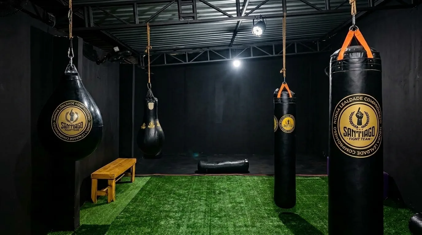 Sacos de pancada desgastados pelo uso e treino intenso no CT Santiago Fight Team