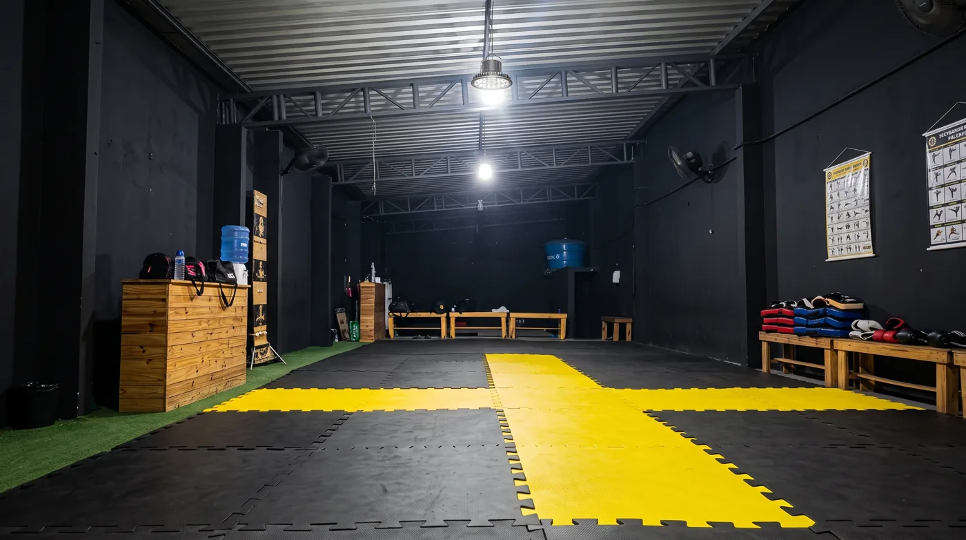 Tatame do Centro de Treinamento Santiago Fight Team com piso preto e amarelo e equipamentos organizados