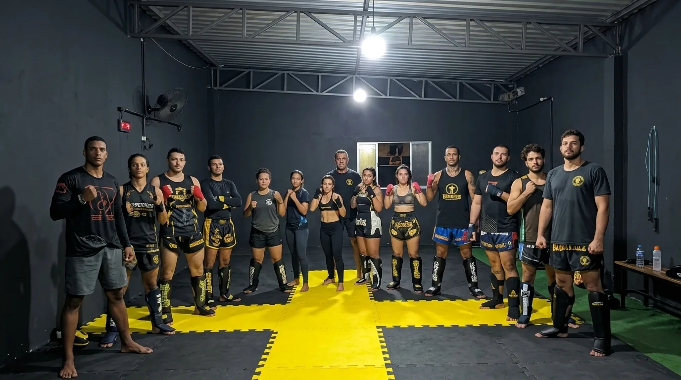 Alunos e professor reunidos no tatame do Santiago Fight Team com luvas e caneleiras